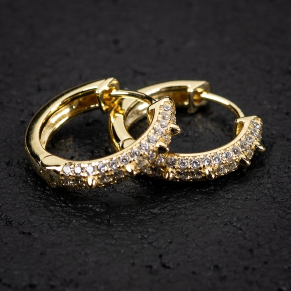 Men's Yellow Gold Sterling Silver Fully Iced Cz Small Spike Huggie Hoop Earrings - Picture 2 of 5